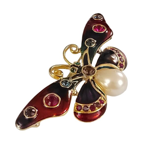 Joan Rivers Gold Tone Enamel Rhinestone Faux Pearl Butterfly Brooch, Signed K523 - Picture 4 of 9